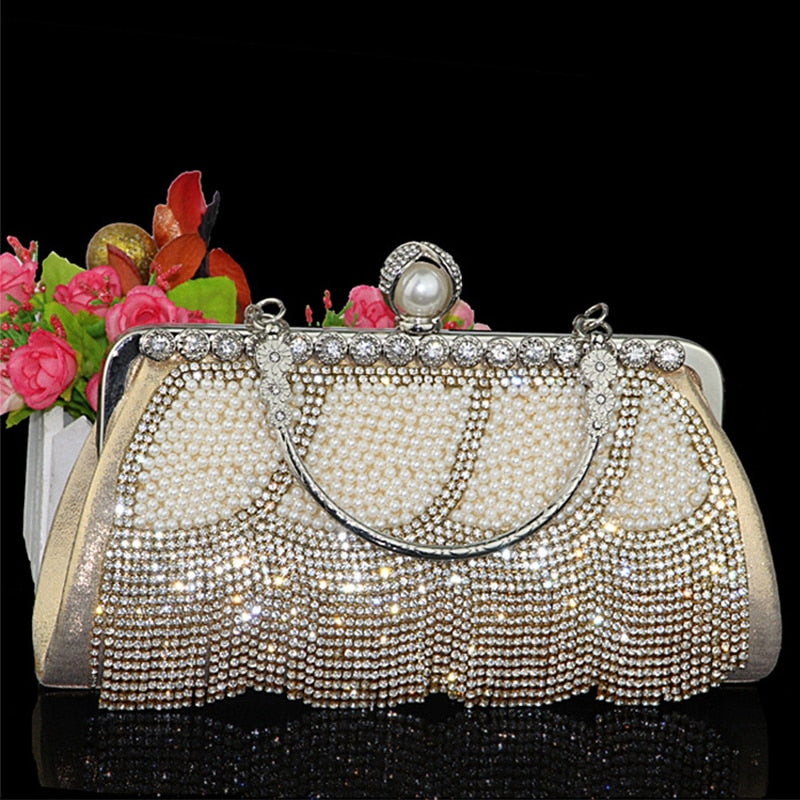 eybag Women's Wedding Party Purse Gold Evening Clutch Bag Luxury Diamond Crystal Tassel Pearl Elegant Small Handbag ZD2074