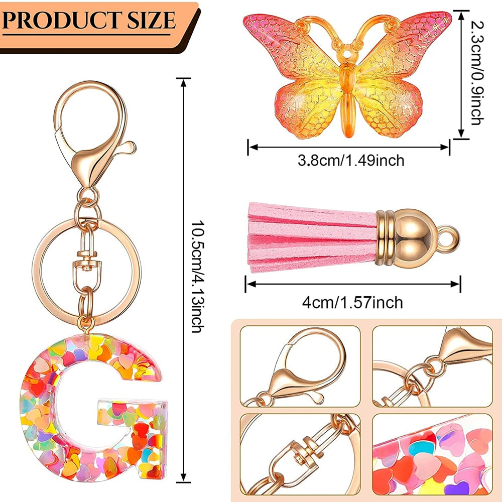 eybag New Exquisite 26 Letter Resin Keychain with Pink Tassel Gradient Butterfly Pendant Key Ring Women Bag Ornaments Accessories Gift