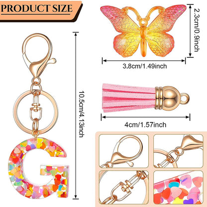 eybag New Exquisite 26 Letter Resin Keychain with Pink Tassel Gradient Butterfly Pendant Key Ring Women Bag Ornaments Accessories Gift