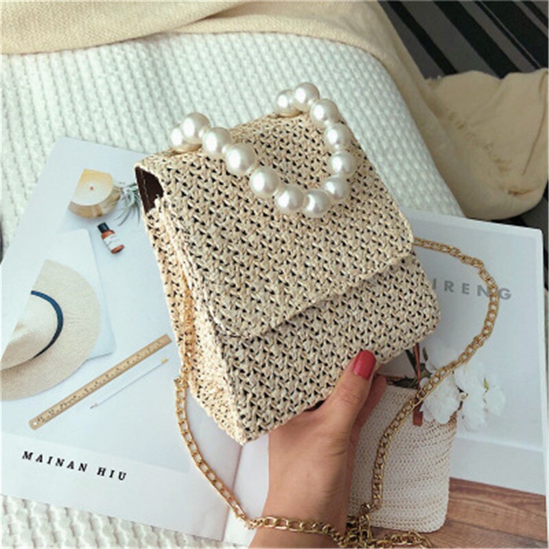 Lkblock Ethnic Pearl Handle Woven Summer Women Straw Bag