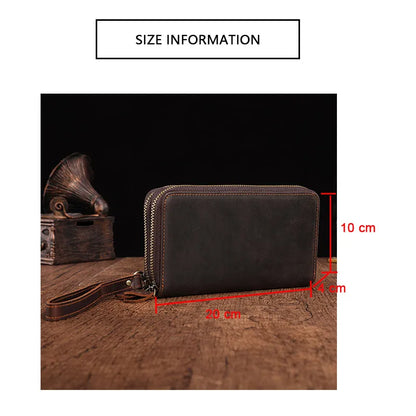 eybag Men Double Zipper Genuine Leather Wallet Male Business Clutch Purse Long Phone Card Holder Men's Clutch Wallet Vintage Handy Bag