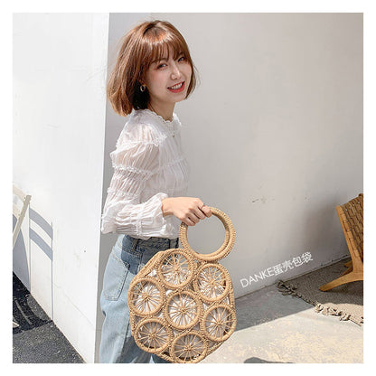 Lkblock Fashion Rattan Hollow Round Straw Bags Wicker Woven Women Handbags Summer Beach Shoulder Crossbody Bags Casual Lady Bali Purses