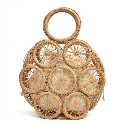 Lkblock Fashion Rattan Hollow Round Straw Bags Wicker Woven Women Handbags Summer Beach Shoulder Crossbody Bags Casual Lady Bali Purses