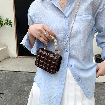 eybag Fashion Women PU Leather Thin Chain Shoulder Crossbody Bag with Pearl Handle Portable Chocolate Grid Solid Color Small Handbags