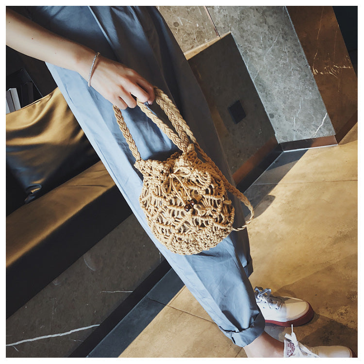 Lkblock Cotton Rope Woven Women's Shoulder Bag Bohemian Handmade Crossbody Bags Knitted Summer Bucket Straw Beach Bag Female Handbags