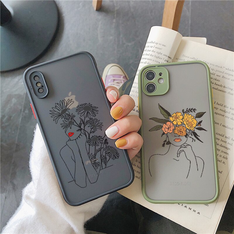 eybag ine Art Sketch Flower Girl Protection Phone Case For iPhone 12 11 13 Pro MAX X XS XR SE 2 6s 7 8 Plus Hard Translucent Cover