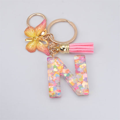 eybag New Exquisite 26 Letter Resin Keychain with Pink Tassel Gradient Butterfly Pendant Key Ring Women Bag Ornaments Accessories Gift