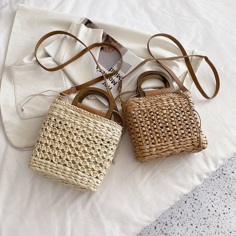 eybag Retro Top Handle Design Crossbody Bag for Women Branded Simple Summer Straw Woven Handbags Female Hollow Basket Shoulder Bags