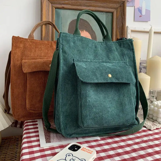 Lkblock Corduroy Shoulder Bag Women Vintage Shopping Bags Zipper Girls Student Bookbag Handbags Casual Tote With Outside Pocket