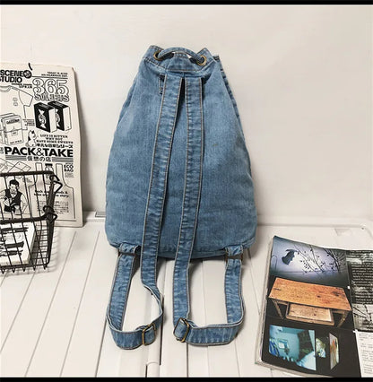 eybag Denim Drawstring Women Backpack Big Capacity Casual Cotton Women Backpacks Travel Shoulder Bags School Bag Rucksac Bagpack Blue