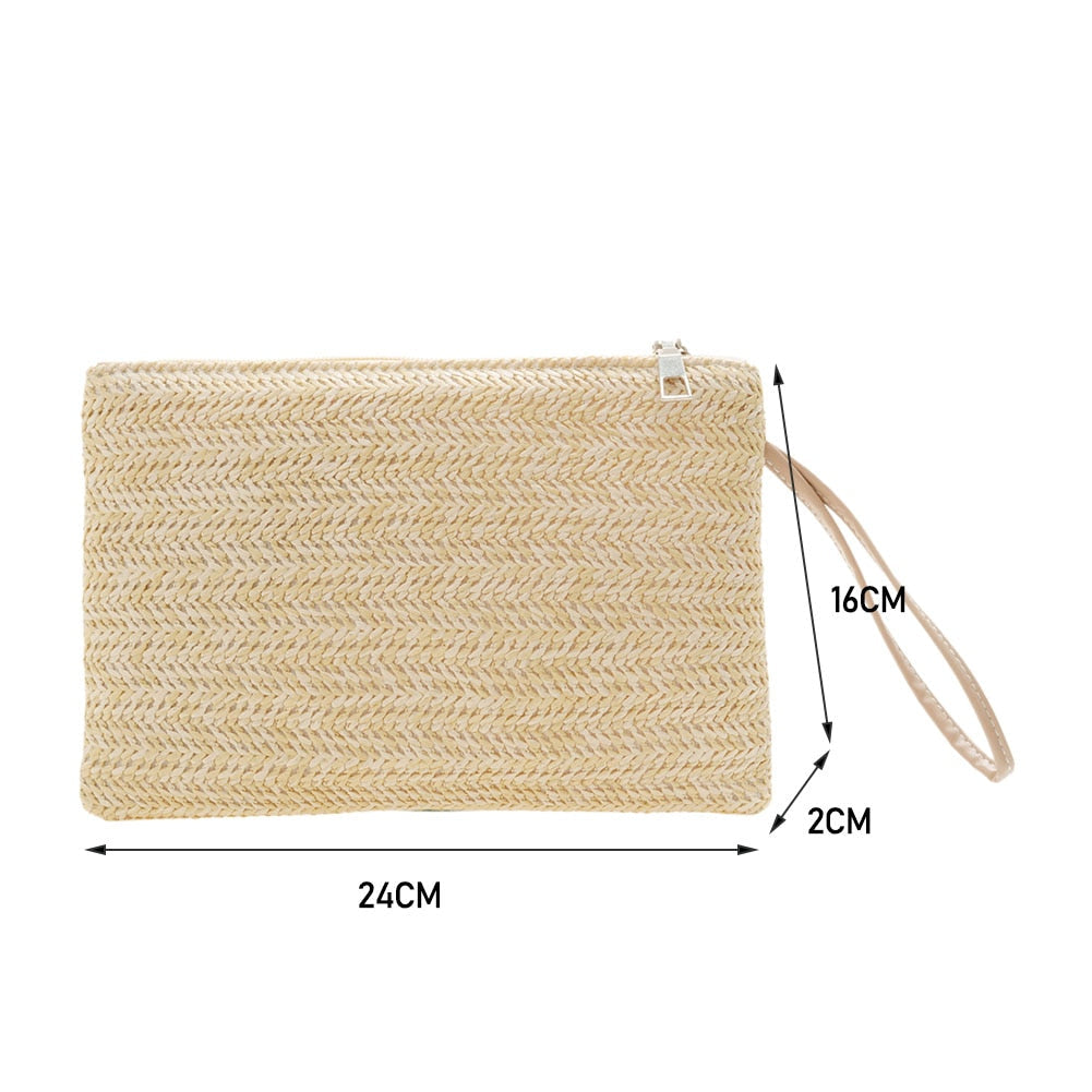 Lkblock Fashion Women Bohemian Woven Clutch Wristlet Bag Casual Ladies Beach Solid Color Small Handbags Purse Summer Vacation Casual Bag