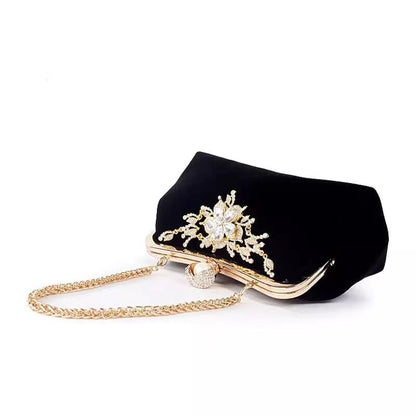 eybag Velvet Evening clutch bag women Diamond Pearl Purse Vintage Crystal Flower Wedding Party Bride Handbag for lady black B358