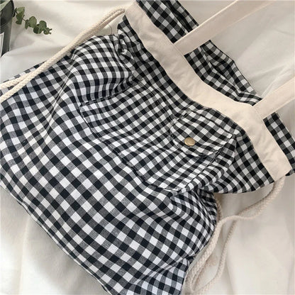 eybag Canvas Tote Bag Pocket Plaid Cream Drawstring Bags