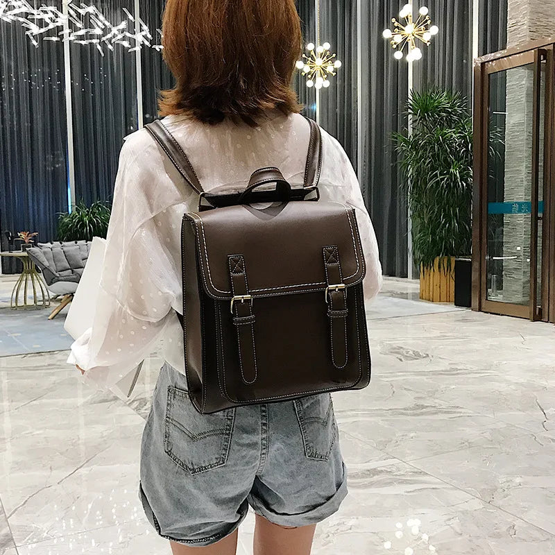 eybag Preppie style women Backpack Pu Leather Shoulder Bag multi-function Female Backpack Vintage School Bag for Girls Leisure Bag Sac