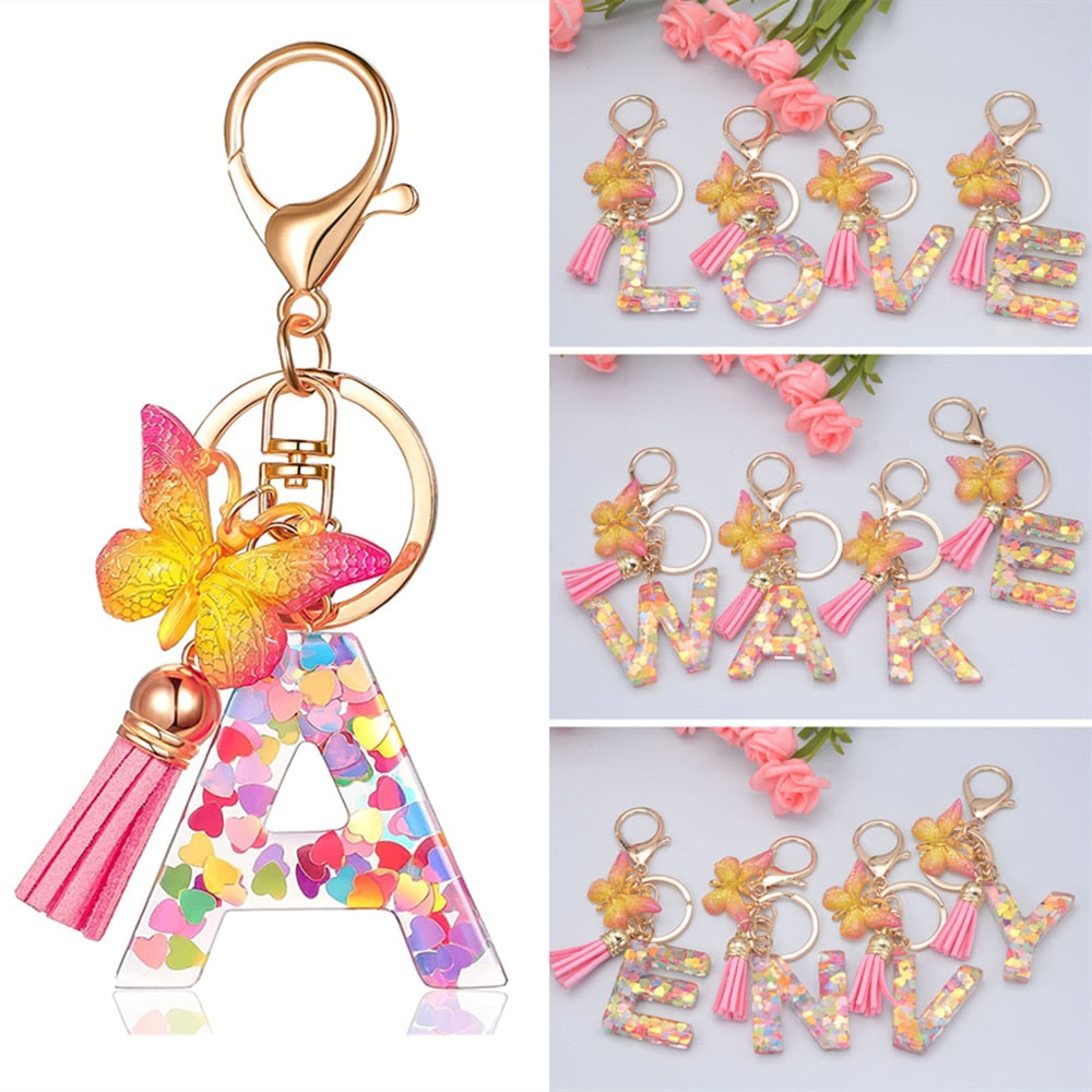 eybag New Exquisite 26 Letter Resin Keychain with Pink Tassel Gradient Butterfly Pendant Key Ring Women Bag Ornaments Accessories Gift