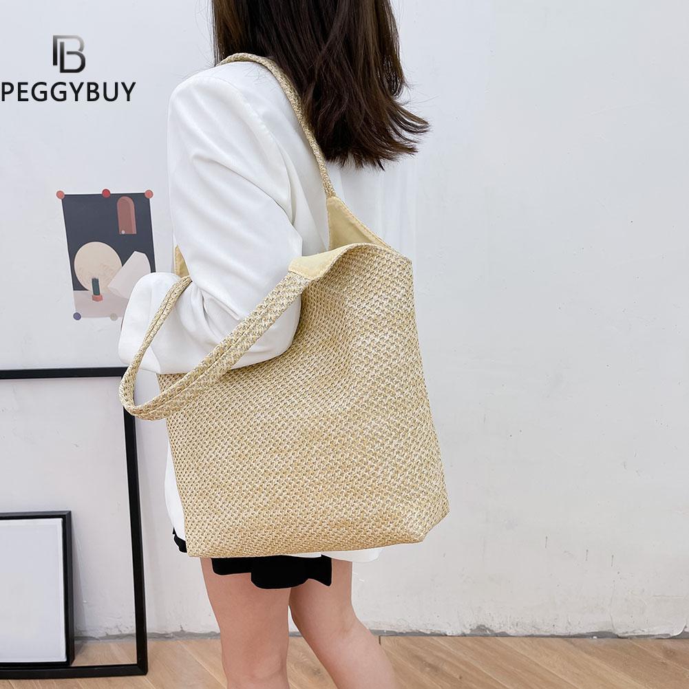 Lkblock Fashion Rattan Women Shoulder Bags Straw Woven Female Handbags Large Capacity Summer Beach Straw Bags Casual Totes Purses 2022