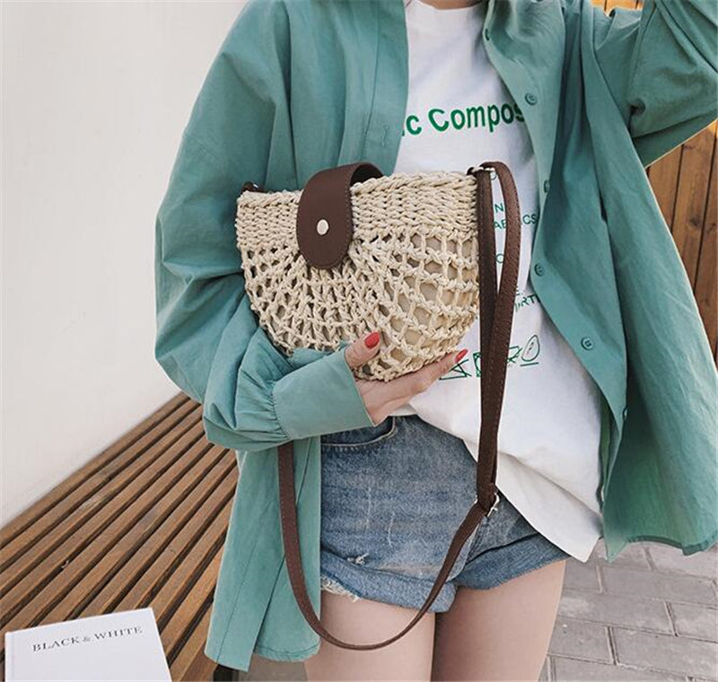 eybag Casual Half Moon Women Straw Rattan Shoulder Bags Wicker Woven Lady Hollow Crossbody Bag Summer Beach Travel Small Handbag Purse