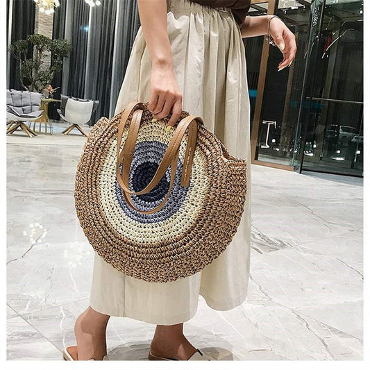 Lkblock Large Capacity Round Zipper Fashionable Straw Woven Bag Handmade Summer Beach Travel Holiday Women Bags