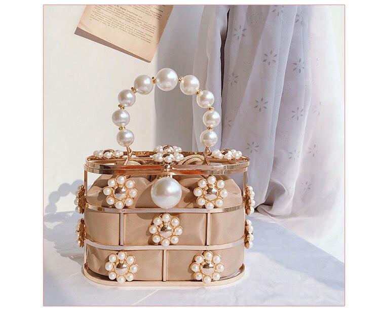 eybag Women's Evening Clutch Bag Hollow Out Pearl Flowers Beaded Metallic Wedding Clutch Purse Bucket Handbag for Party ZD1626