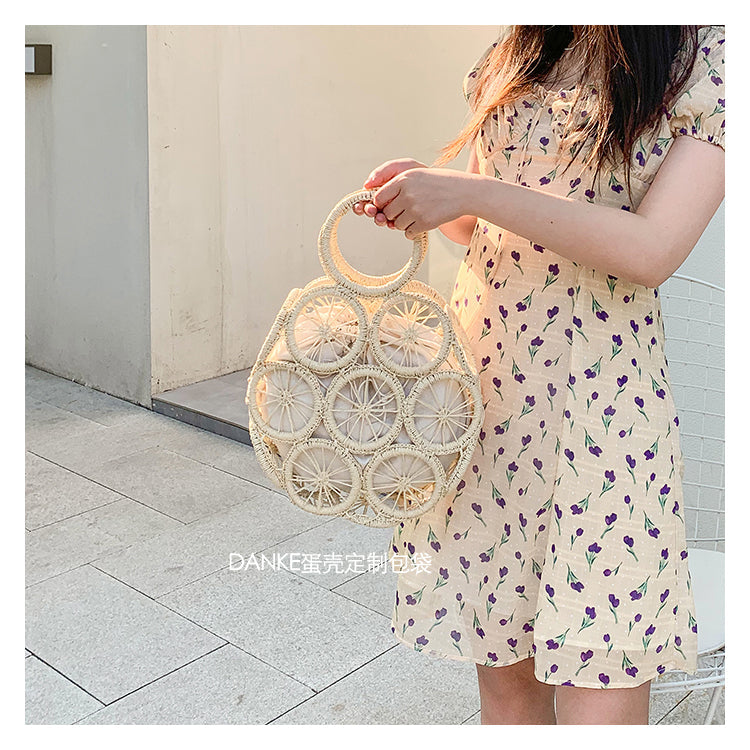 Lkblock Fashion Rattan Hollow Round Straw Bags Wicker Woven Women Handbags Summer Beach Shoulder Crossbody Bags Casual Lady Bali Purses