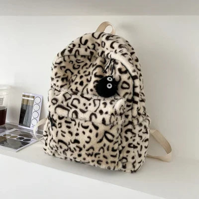 eybag Soft Faux Fur women backpack big capacity Winter Leopard print School Bag for Girls Travel female Backpacks Daypack Felt bagpack