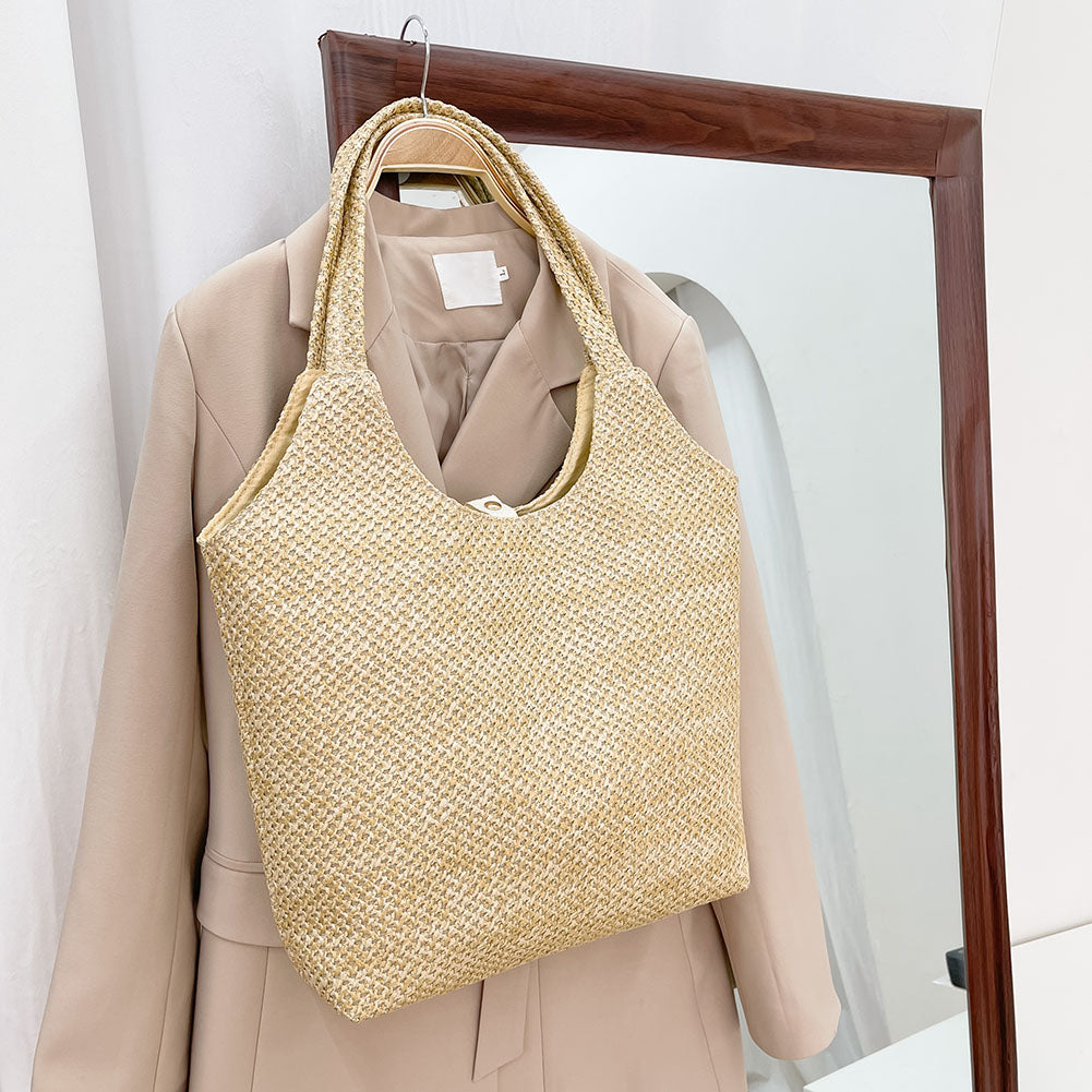 Lkblock Fashion Rattan Women Shoulder Bags Straw Woven Female Handbags Large Capacity Summer Beach Straw Bags Casual Totes Purses 2022