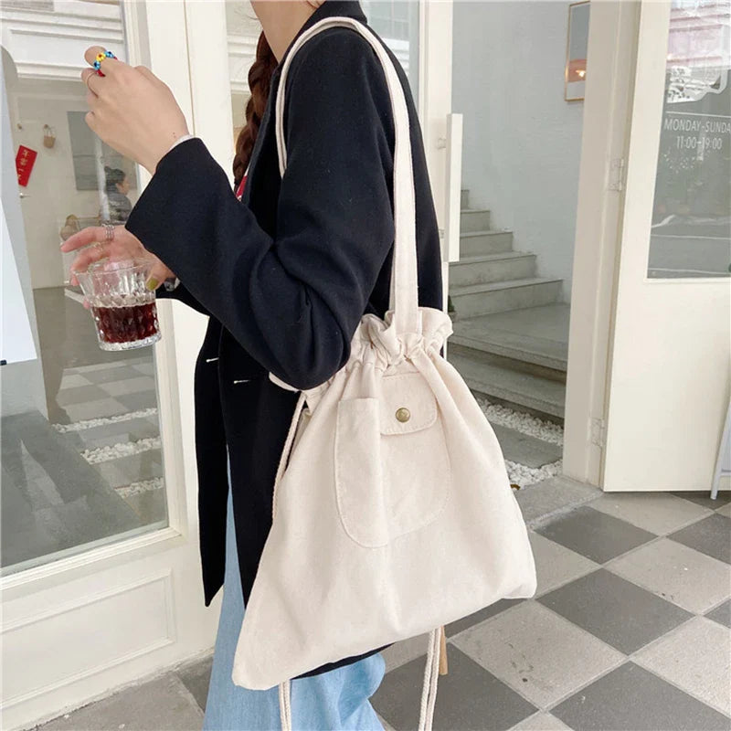 eybag Canvas Tote Bag Pocket Plaid Cream Drawstring Bags