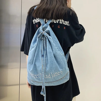 eybag Denim Drawstring Women Backpack Big Capacity Casual Cotton Women Backpacks Travel Shoulder Bags School Bag Rucksac Bagpack Blue