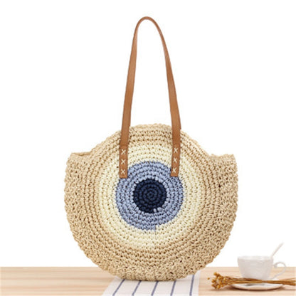 Lkblock Large Capacity Round Zipper Fashionable Straw Woven Bag Handmade Summer Beach Travel Holiday Women Bags