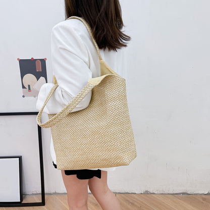 Lkblock Fashion Rattan Women Shoulder Bags Straw Woven Female Handbags Large Capacity Summer Beach Straw Bags Casual Totes Purses 2022