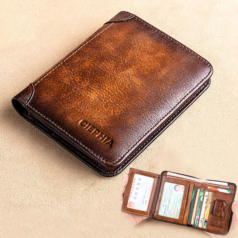 eybag Genuine Leather Rfid Protection Wallets for Men Vintage Thin Short Multi Function ID Credit Card Holder Money Bag