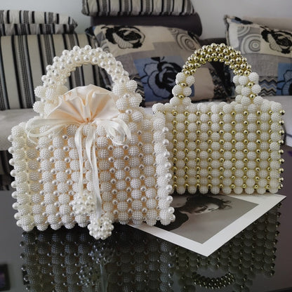 Lkblock Luxury Pearls Bag Handmade Beading Women Handbag Elegant Woven Party Wedding Evening Bag Small Box Basket Bags for Women 2021