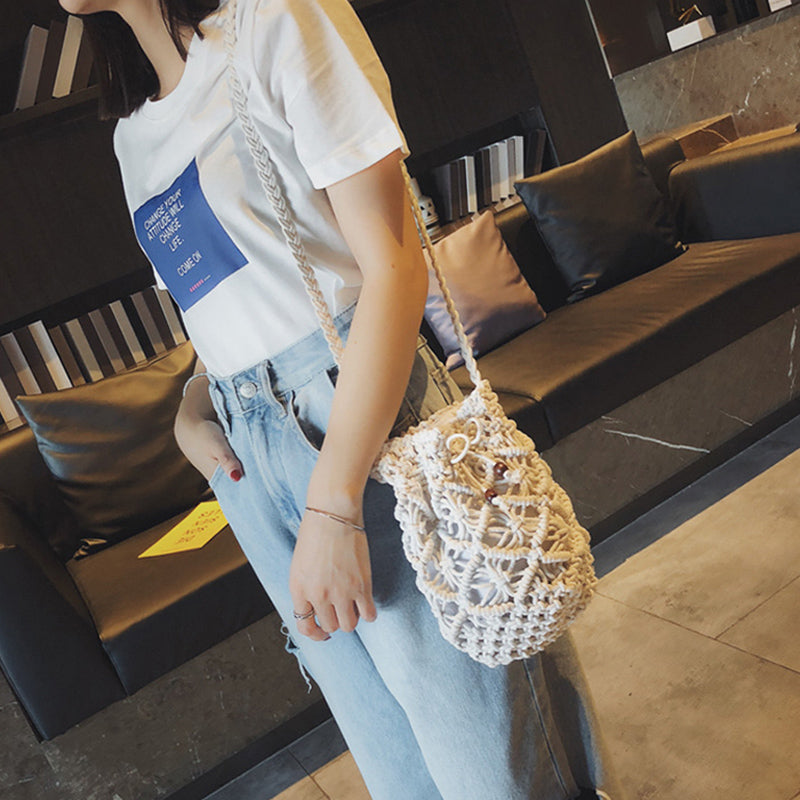 Lkblock Cotton Rope Woven Women's Shoulder Bag Bohemian Handmade Crossbody Bags Knitted Summer Bucket Straw Beach Bag Female Handbags