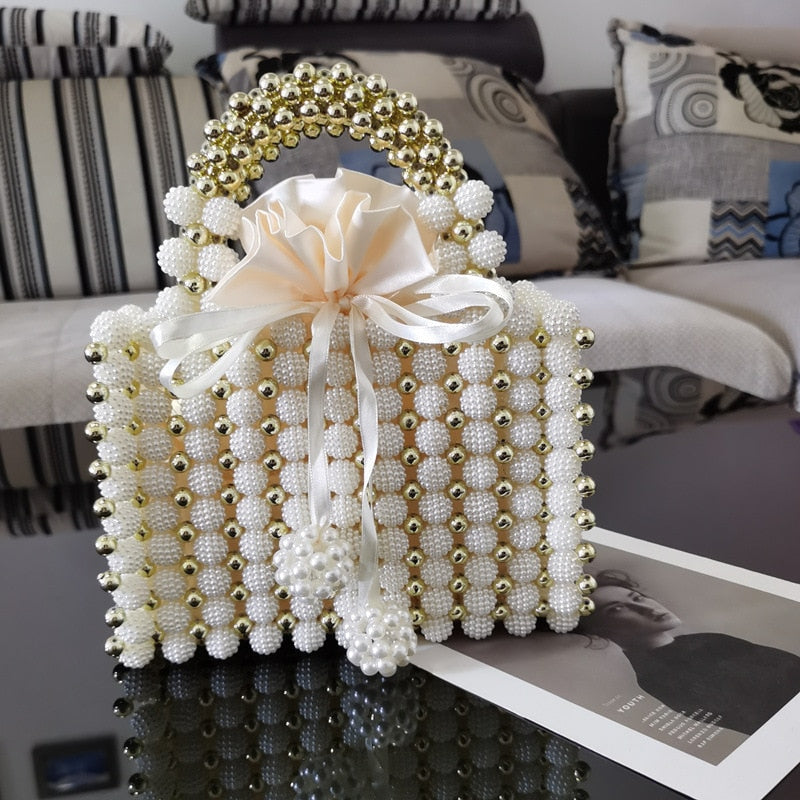 Lkblock Luxury Pearls Bag Handmade Beading Women Handbag Elegant Woven Party Wedding Evening Bag Small Box Basket Bags for Women 2021