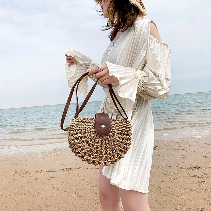 eybag Casual Half Moon Women Straw Rattan Shoulder Bags Wicker Woven Lady Hollow Crossbody Bag Summer Beach Travel Small Handbag Purse