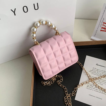 eybag Fashion Women PU Leather Thin Chain Shoulder Crossbody Bag with Pearl Handle Portable Chocolate Grid Solid Color Small Handbags