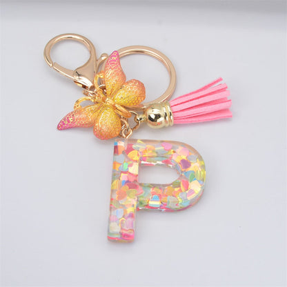 Lkblock New Exquisite 26 Letter Resin Keychain with Pink Tassel Gradient Butterfly Pendant Key Ring Women Bag Ornaments Accessories Gift