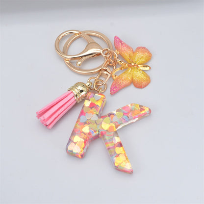 Lkblock New Exquisite 26 Letter Resin Keychain with Pink Tassel Gradient Butterfly Pendant Key Ring Women Bag Ornaments Accessories Gift