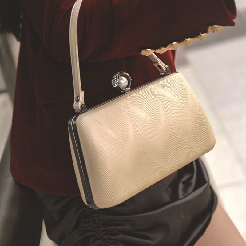 eybag PU Leather White Retro Handbag Women Evening Clutch Bag Wedding Party Purse Simple Banquet Chain Shoulder Bag