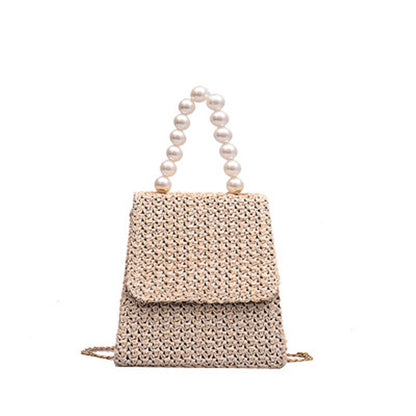 Lkblock Ethnic Pearl Handle Woven Summer Women Straw Bag