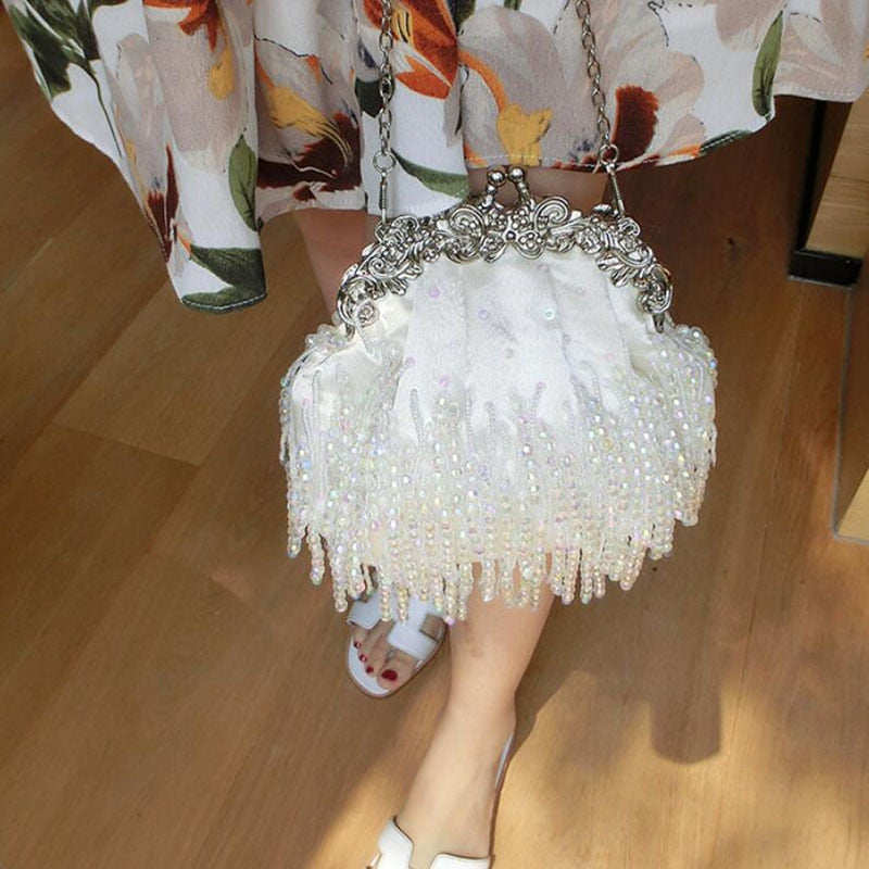 eybag Women's white Wedding Clutch Purse Exquisite beading Tassel Evening Bag Luxury Designer Party Handbag chain shoulder bags B364