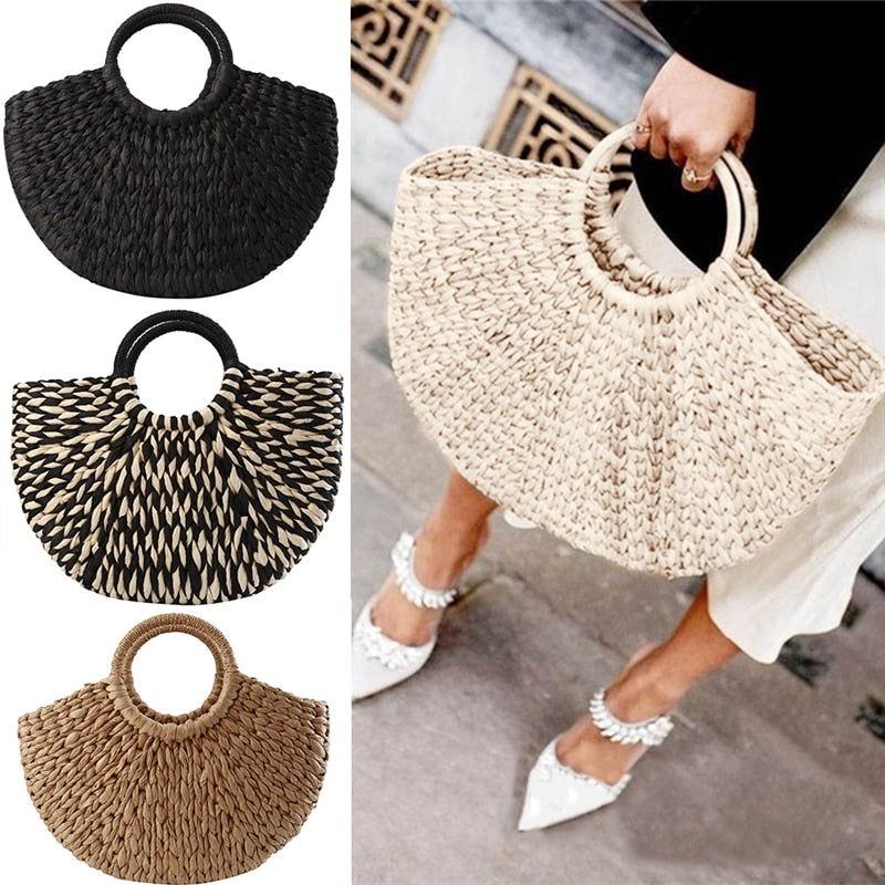 eybag New Straw Bag 2022 Women Hand-Woven Hollow Handbag Moon Shape Rattan Bag Big Capacity Drawstring Handbag Casual Travel Beach Bag