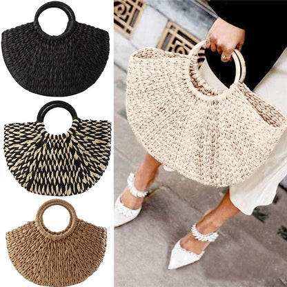 eybag New Straw Bag 2022 Women Hand-Woven Hollow Handbag Moon Shape Rattan Bag Big Capacity Drawstring Handbag Casual Travel Beach Bag