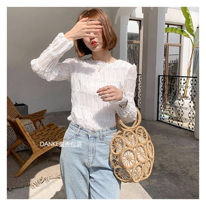 Lkblock Fashion Rattan Hollow Round Straw Bags Wicker Woven Women Handbags Summer Beach Shoulder Crossbody Bags Casual Lady Bali Purses