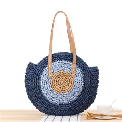 Lkblock Large Capacity Round Zipper Fashionable Straw Woven Bag Handmade Summer Beach Travel Holiday Women Bags