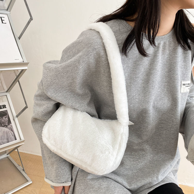 eybag Simple Design Women Soft Plush Hobos Shoulder Bags Winter Furry Ladies Clutch Purse Handbag Fashion Female  Underarm Bag