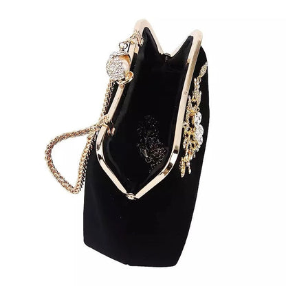 eybag Velvet Evening clutch bag women Diamond Pearl Purse Vintage Crystal Flower Wedding Party Bride Handbag for lady black B358