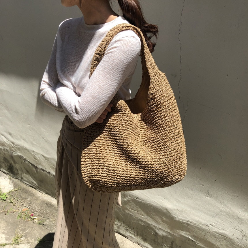 Lkblock Fashion Straw Women Shoulder Bags Paper Woven Female Handbags Large Capacity Summer Beach Straw Bags Casual Tote Purses