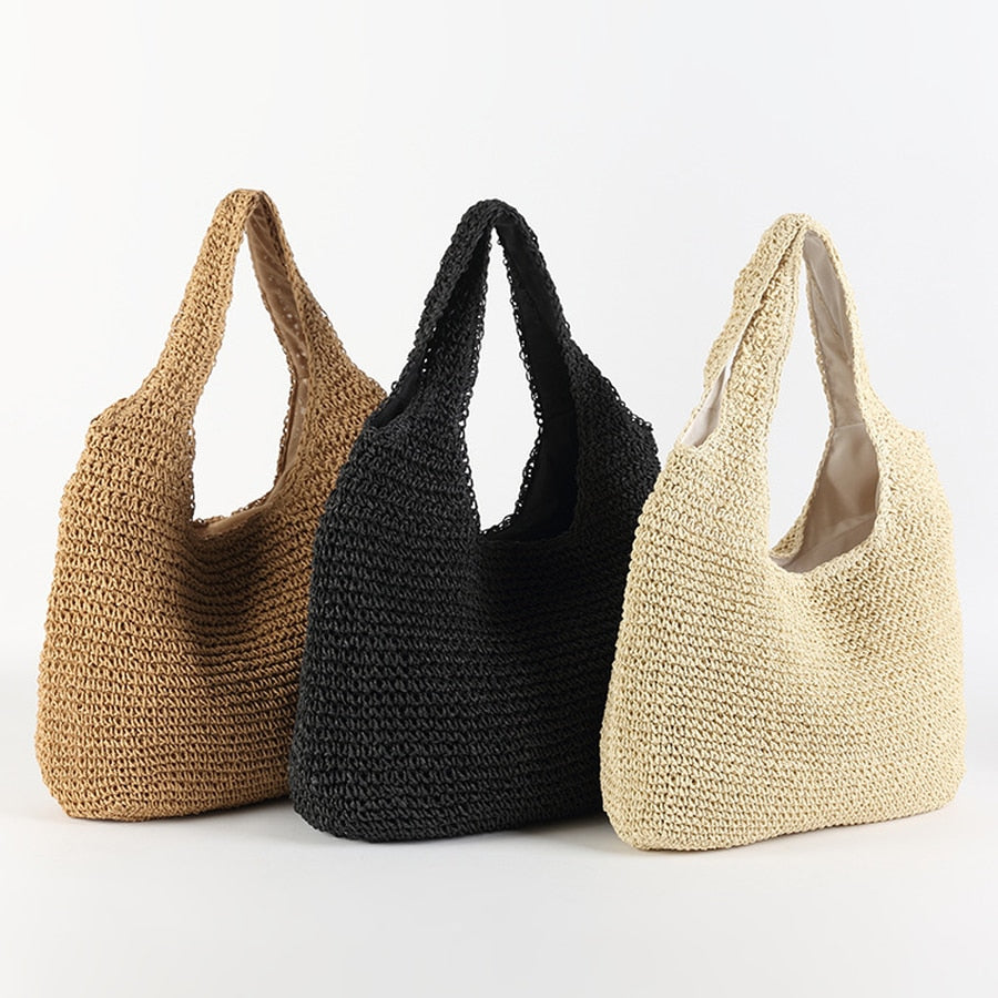 Lkblock Fashion Straw Women Shoulder Bags Paper Woven Female Handbags Large Capacity Summer Beach Straw Bags Casual Tote Purses