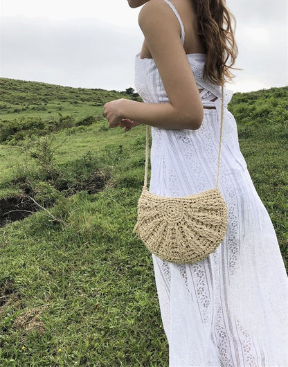 Lkblock New Half Round Straw Bags for Women Summer Beach Rattan Bag Handmade Woven Half Moon Crossbody Handbags Bohemia